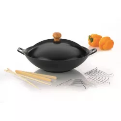 WOK 36 cm készlet CLASSIC 5-részes öntöttvasból, fém, rozsdamentes, fa