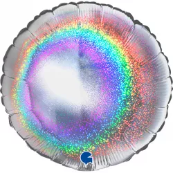 Hófehér holografikus kerek lufi 46 cm glitkkel, ezüstös színű
