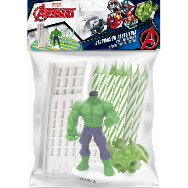 Hulk városi torta figura és zöld gyertyák