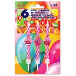 Díszgyertyák tortára 6 darab rózsaszínű cupcakikkal
