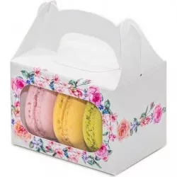 Fehér esküvői macaron-doboz virágokkal (8 x 5,7 x 5,7 cm) K12-2089-01