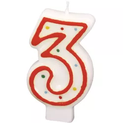 Születésnapi gyertya 7,3 cm pöttyökkel, szám 3 FIGYELMEZTETÉS mix színek