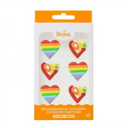 Cukorgyöngy dekorok szivárványos szívek, 6 darab