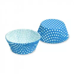 Méteres és 50x30 mm méretű, fehér-kék pöttyös cukrászsüti kosárka, 40 darabos készlet