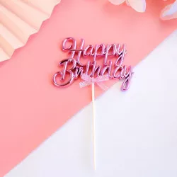 Tortadísz tűzhető „Happy Birthday”, pink, 11×8 cm