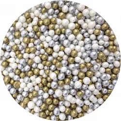 Cukor- és rizsszemek keveréke ezüstös-fehér-arany 5mm 80g