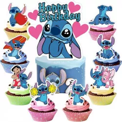 Tortára/muffinra tűzhető dekoráció „Happy Birthday Stitch”, 25 db
