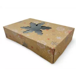 Összecsukható süteményes doboz ablakkal, barna - hópehely, 22×15×5 cm