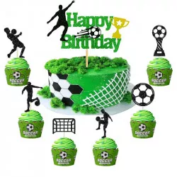 Tortára és muffinra tűzhető „Happy Birthday” focis dekorációk, 13 db